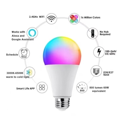 Peso do produto 0,1 kg RGBCW Multicolor BT E27 B22 lâmpada LED inteligente para iluminação doméstica