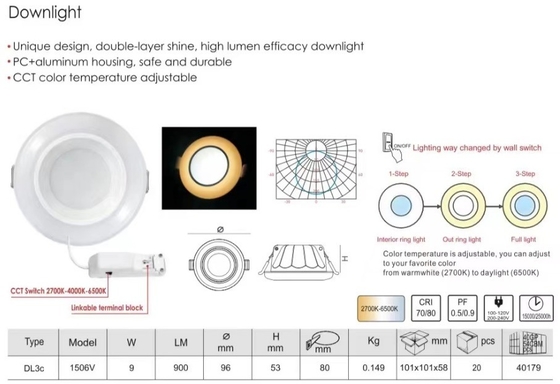 100lm/w 3-Step 2700K-6500K Iluminação Interior Muare Recesseini Track Lava-parede Luminador LED Downlight Tecto Recessed Cob Down Light
