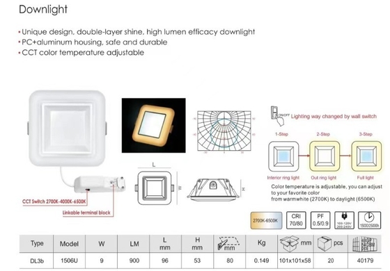 3 passos Dimmable 900lm Muare Recessed LED Downlight para Iluminação Interior Lava-parede