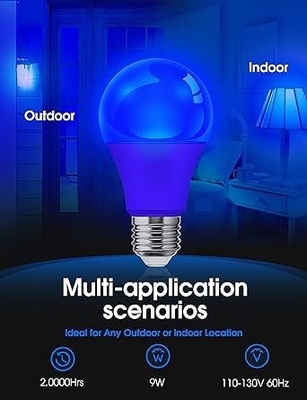 Lâmpada LED azul A19 9W E26 sem escuridão para iluminação exterior de Natal e design de circuitos