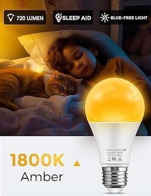 15000 Horas de Vida útil Fornecimento de energia AC Bloqueio de luz azul A19 9W lâmpada fraca para quarto infantil