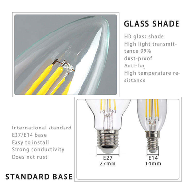 ETL Listado C35 E11 lâmpada de filamento LED 4W 120C Dimmable 500lm 0,06kg para economia de energia